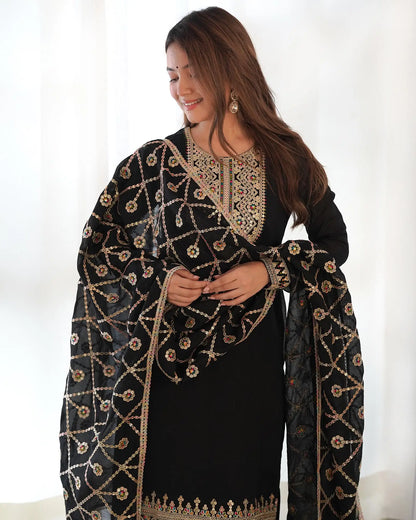 Black Silk Salwar Suit With Dori Sequins Embroidery Work With Heavy Dupatta