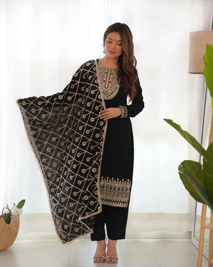 Black Silk Salwar Suit With Dori Sequins Embroidery Work With Heavy Dupatta