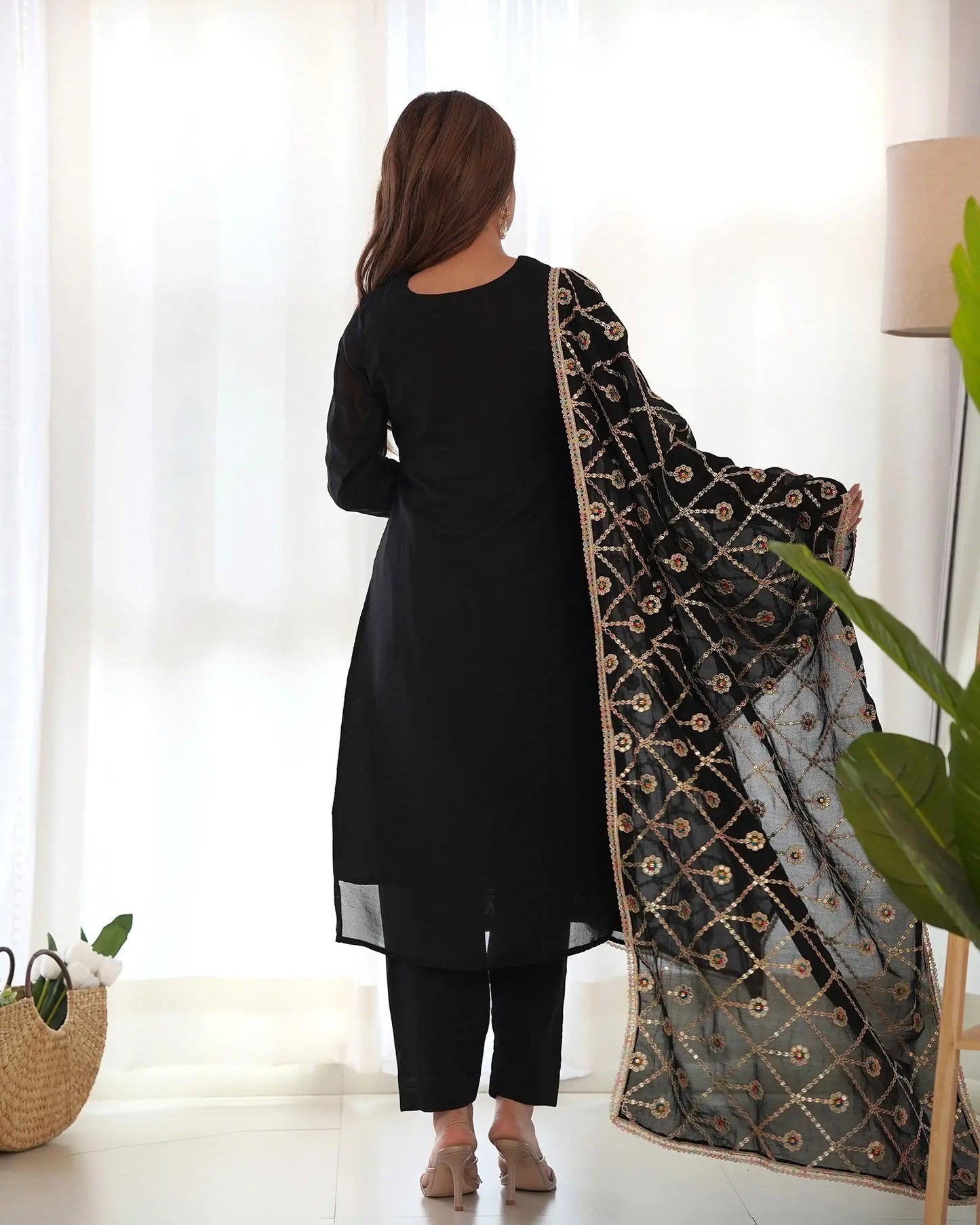 Black Silk Salwar Suit With Dori Sequins Embroidery Work With Heavy Dupatta