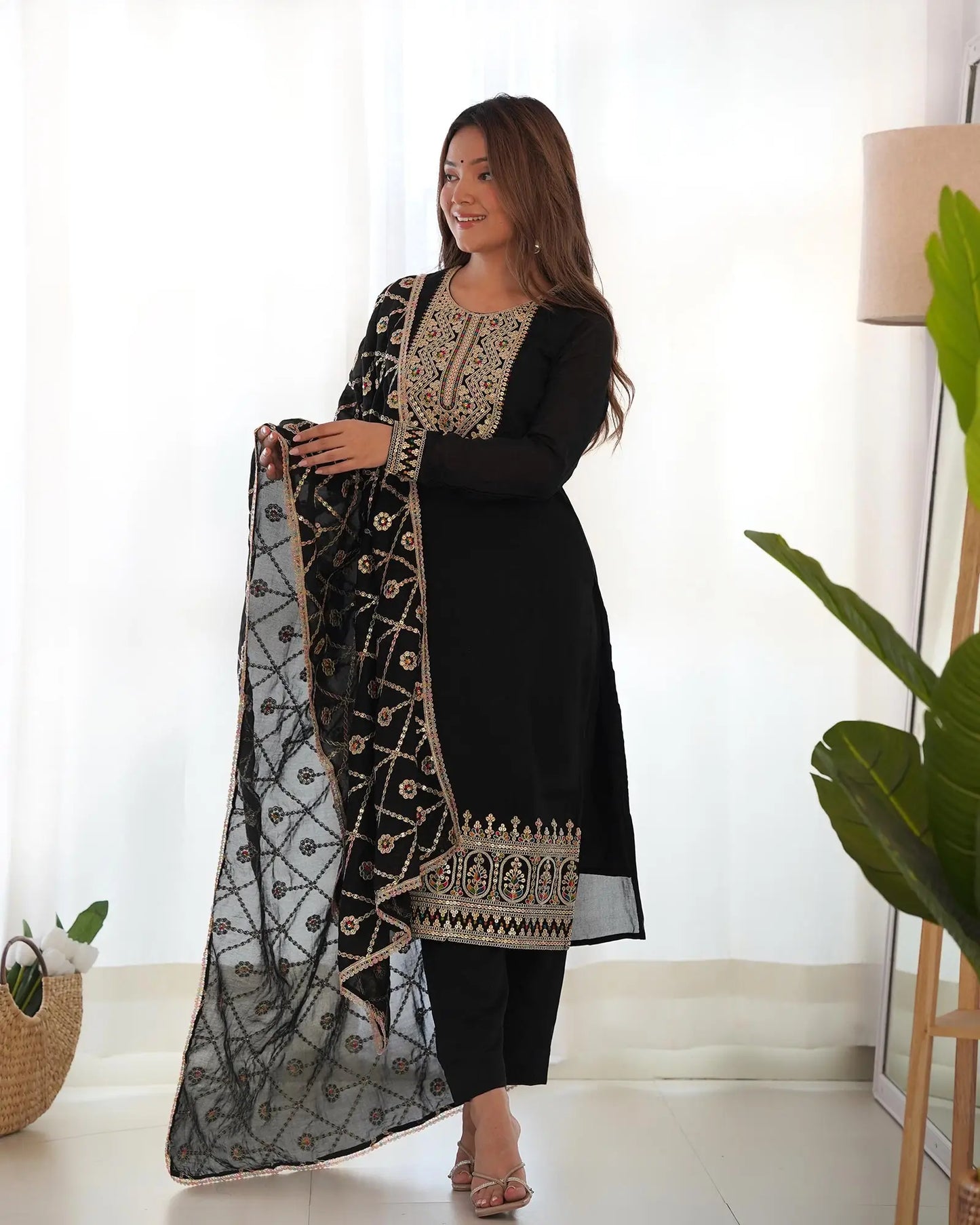 Black Silk Salwar Suit With Dori Sequins Embroidery Work With Heavy Dupatta