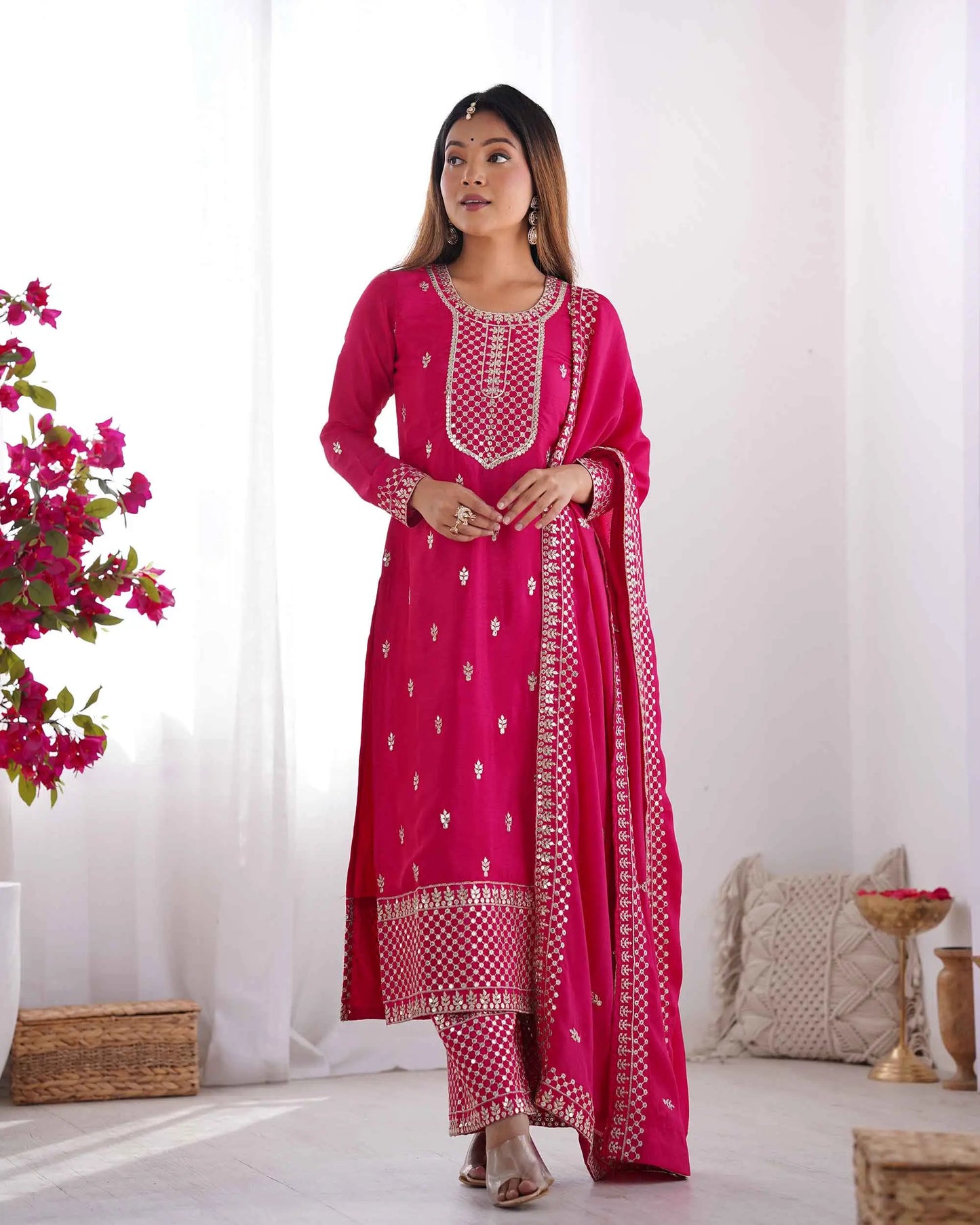 Dark Pink Chinon Silk Salwar Suit With Sequins Zari Embroidery Work with Dupatta