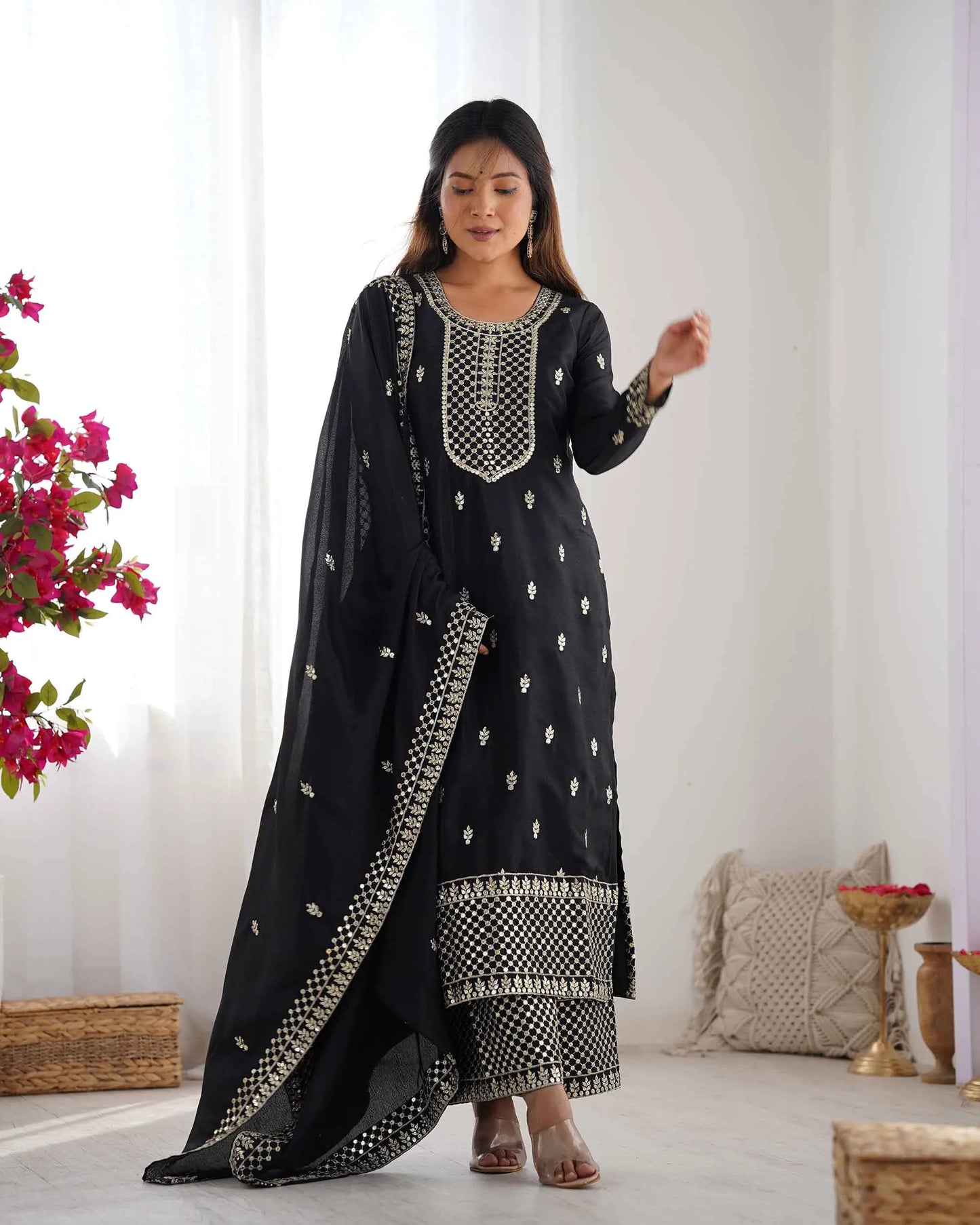 Black Chinon Silk Salwar Suit With Sequins Zari Embroidery Work with Dupatta