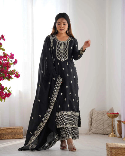 Black Chinon Silk Salwar Suit With Sequins Zari Embroidery Work with Dupatta