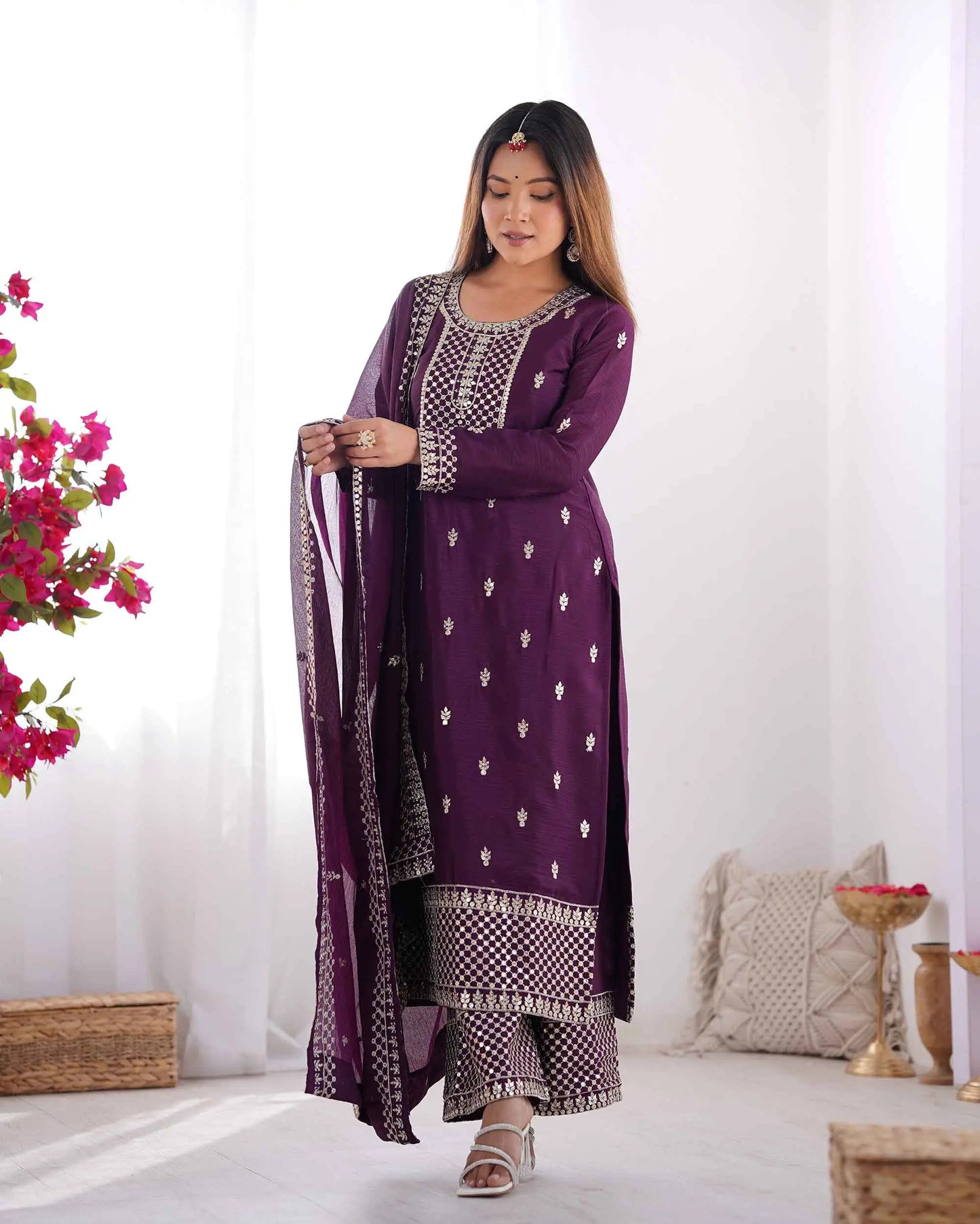 Wine Chinon Silk Salwar Suit With Sequins Zari Embroidery Work with Heavy Dupatta