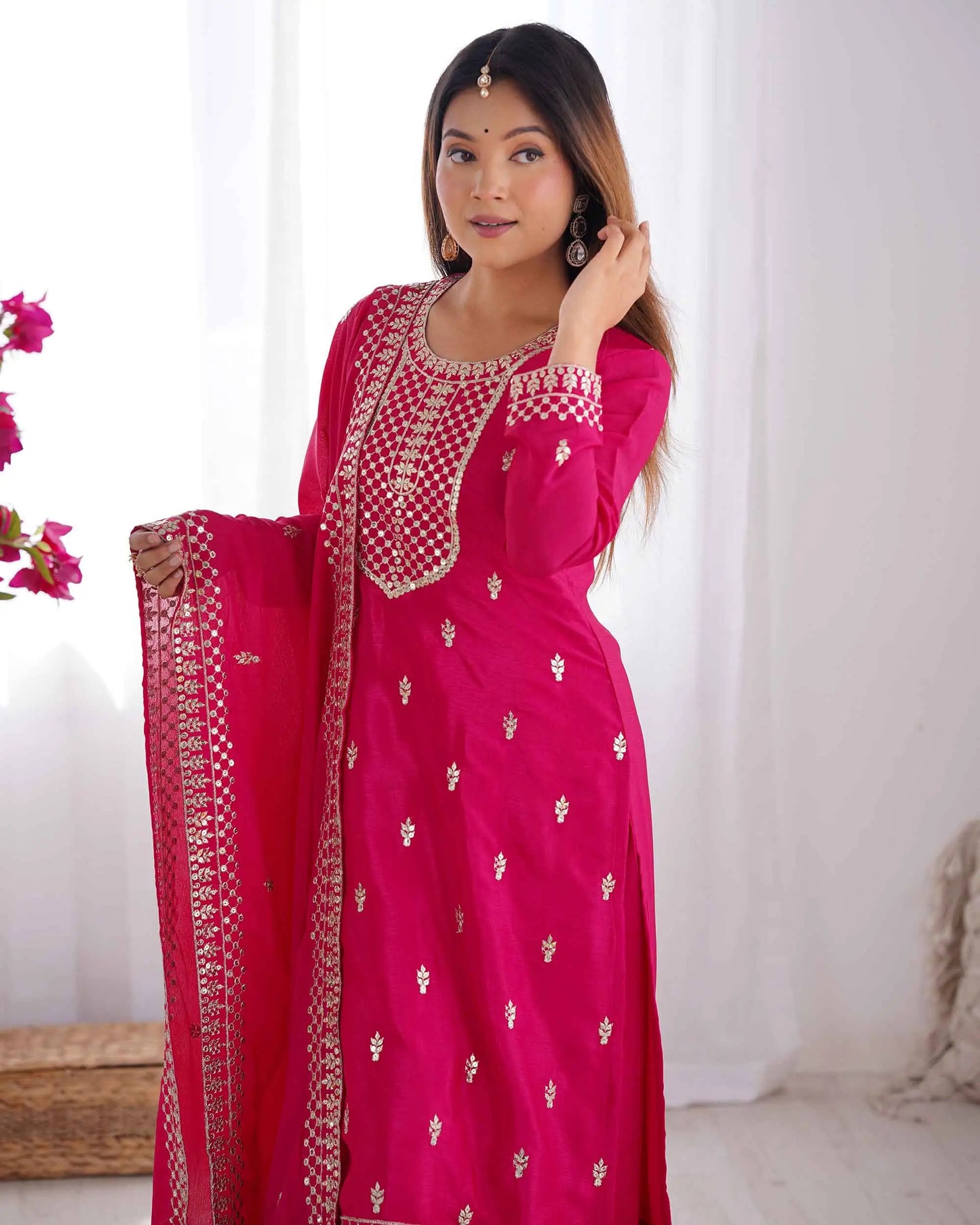 Dark Pink Chinon Silk Salwar Suit With Sequins Zari Embroidery Work with Dupatta