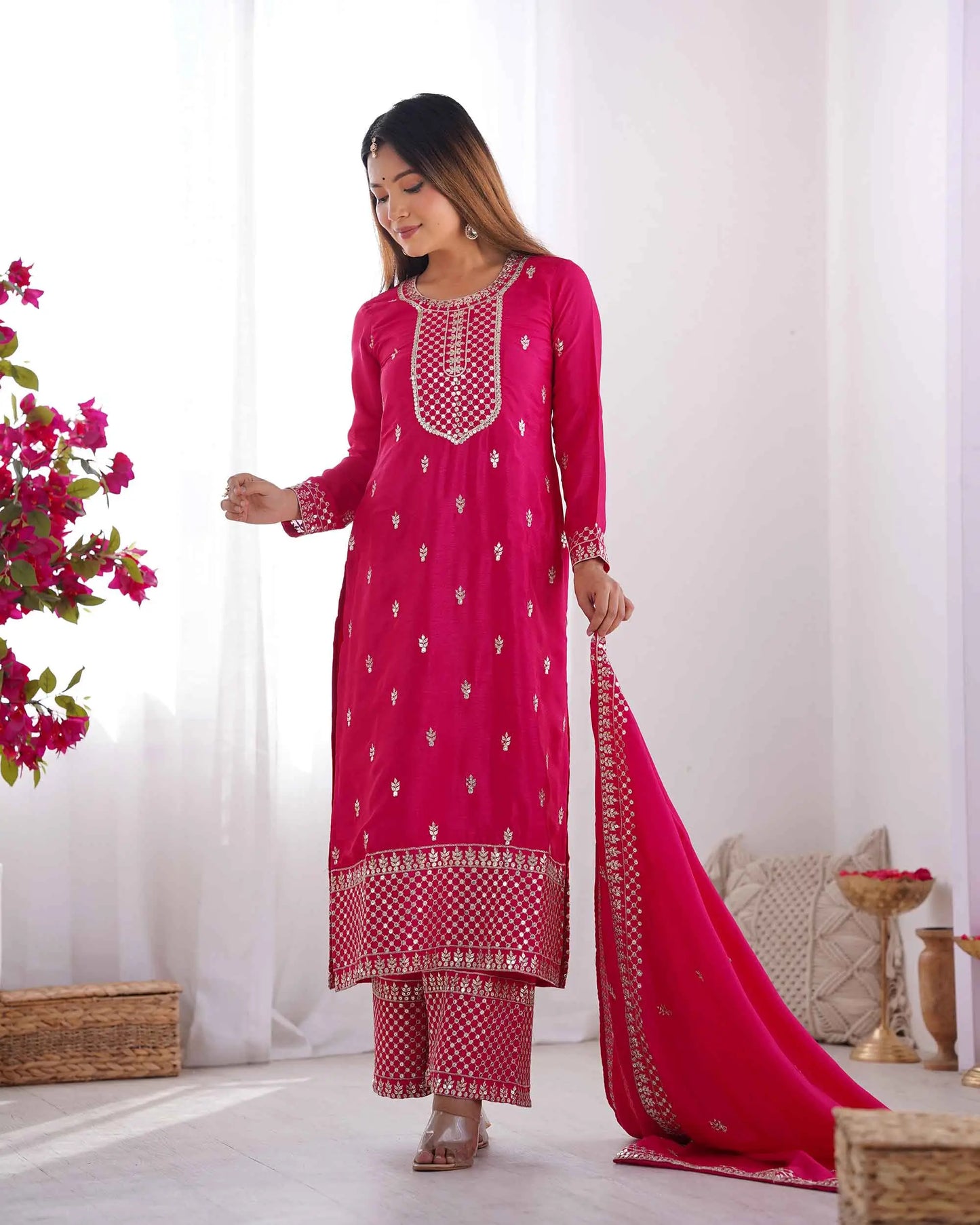 Dark Pink Chinon Silk Salwar Suit With Sequins Zari Embroidery Work with Dupatta
