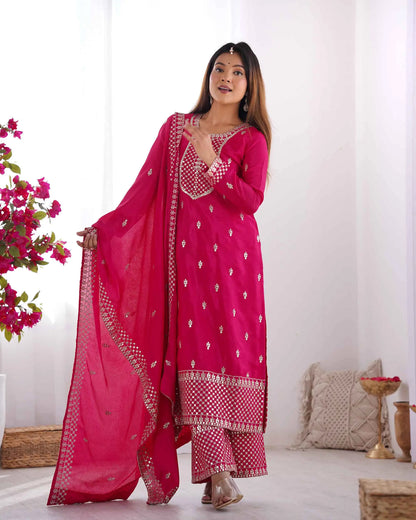 Dark Pink Chinon Silk Salwar Suit With Sequins Zari Embroidery Work with Dupatta
