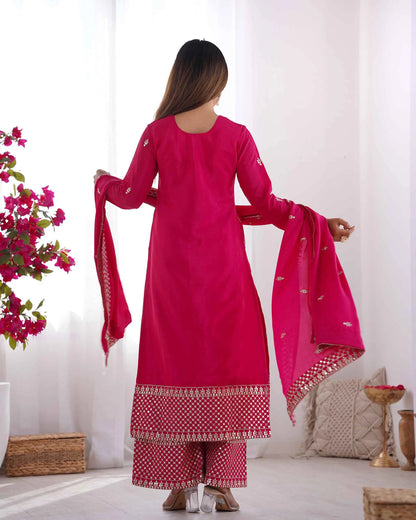 Dark Pink Chinon Silk Salwar Suit With Sequins Zari Embroidery Work with Dupatta