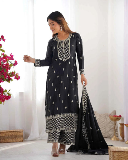 Black Chinon Silk Salwar Suit With Sequins Zari Embroidery Work with Dupatta