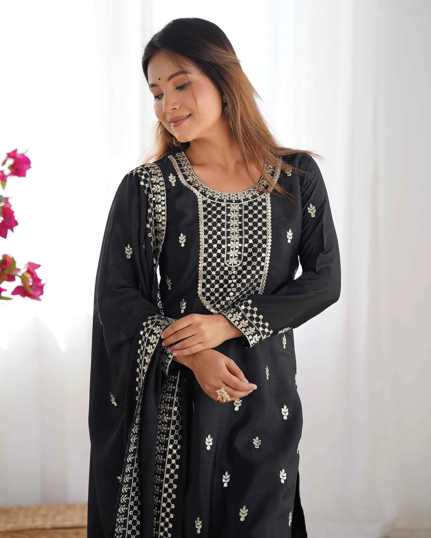 Black Chinon Silk Salwar Suit With Sequins Zari Embroidery Work with Dupatta