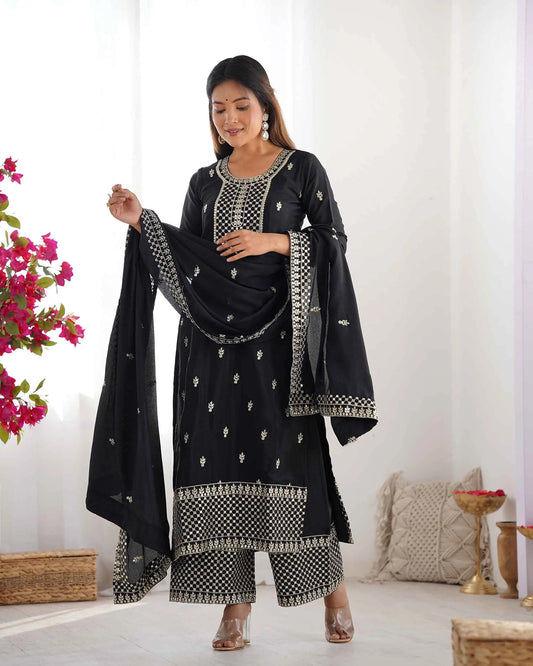 Black Chinon Silk Salwar Suit With Sequins Zari Embroidery Work with Dupatta