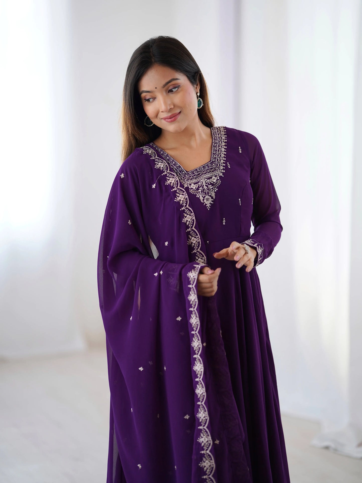 Purple Designer Embroidery Beads And Zari Work Gown With Dupatta