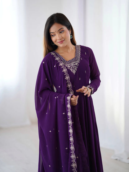 Purple Designer Embroidery Beads And Zari Work Gown With Dupatta