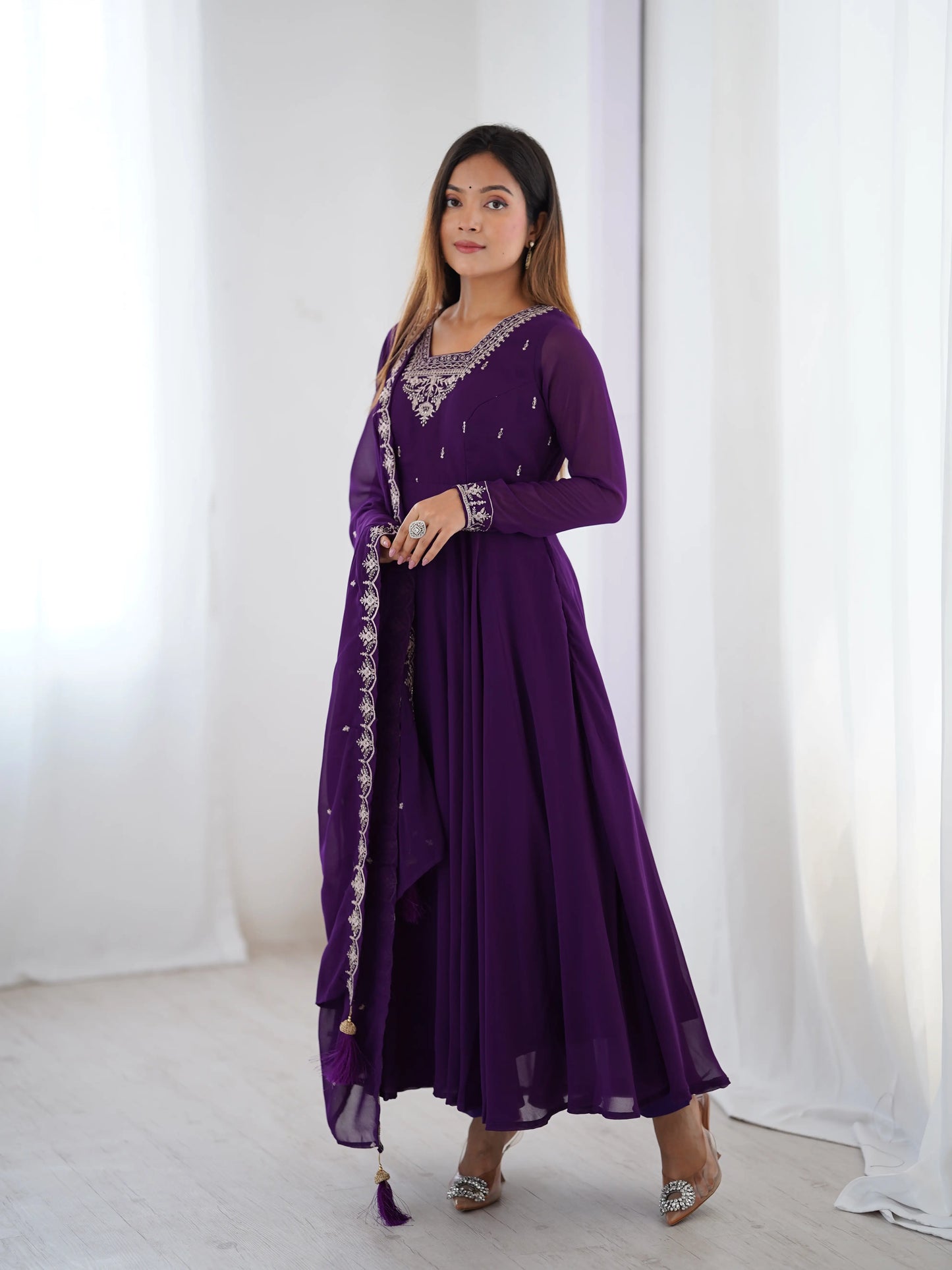 Purple Designer Embroidery Beads And Zari Work Gown With Dupatta