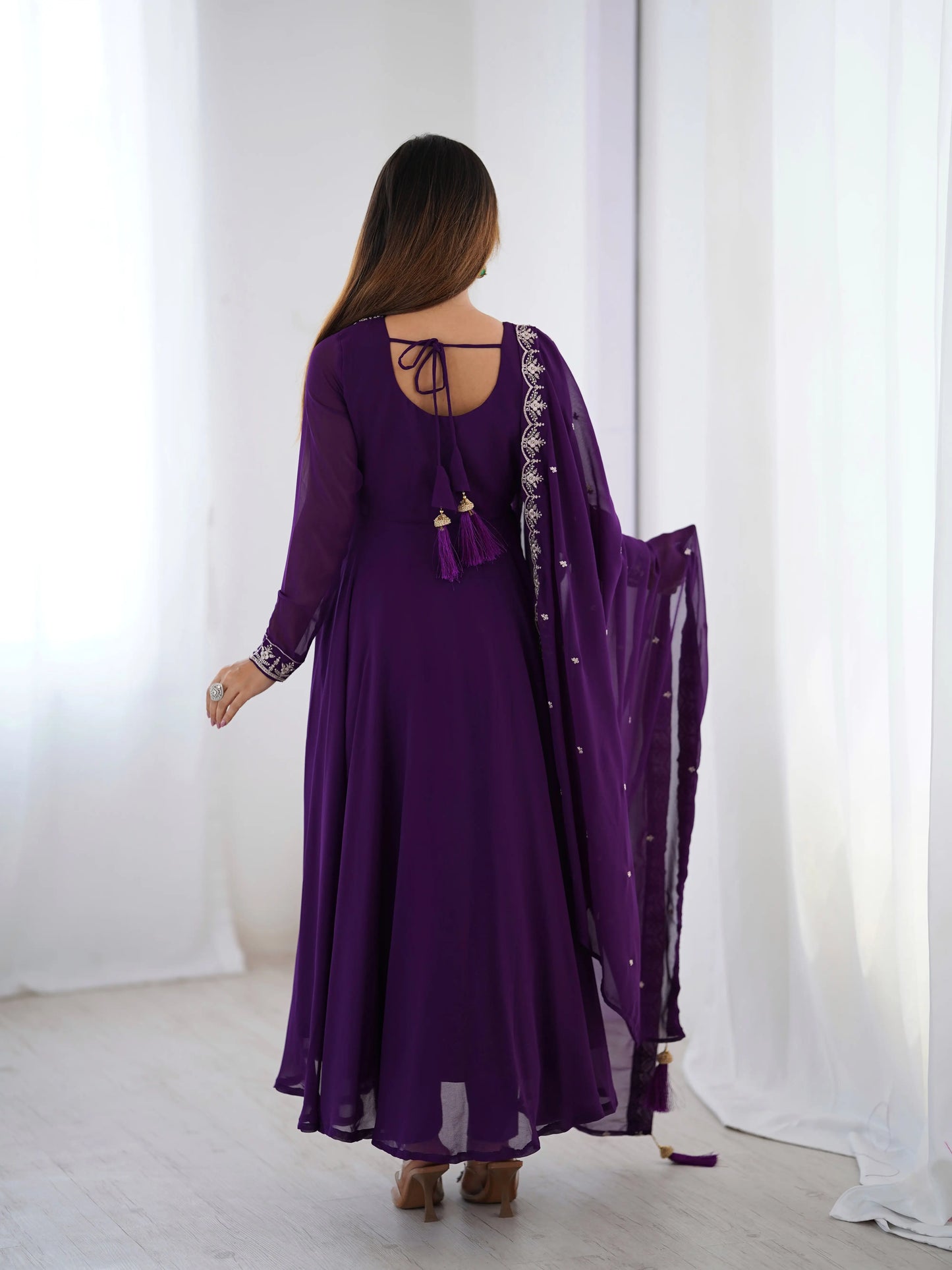 Purple Designer Embroidery Beads And Zari Work Gown With Dupatta
