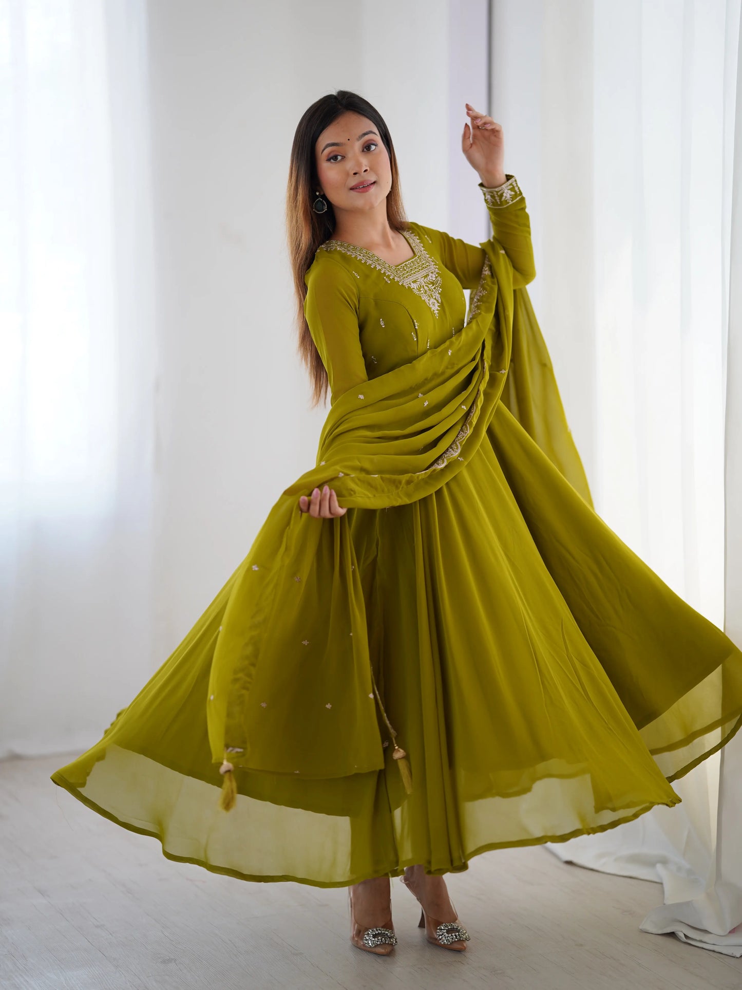 Mehndi Green Designer Embroidery Beads And Zari Work Gown With Dupatta