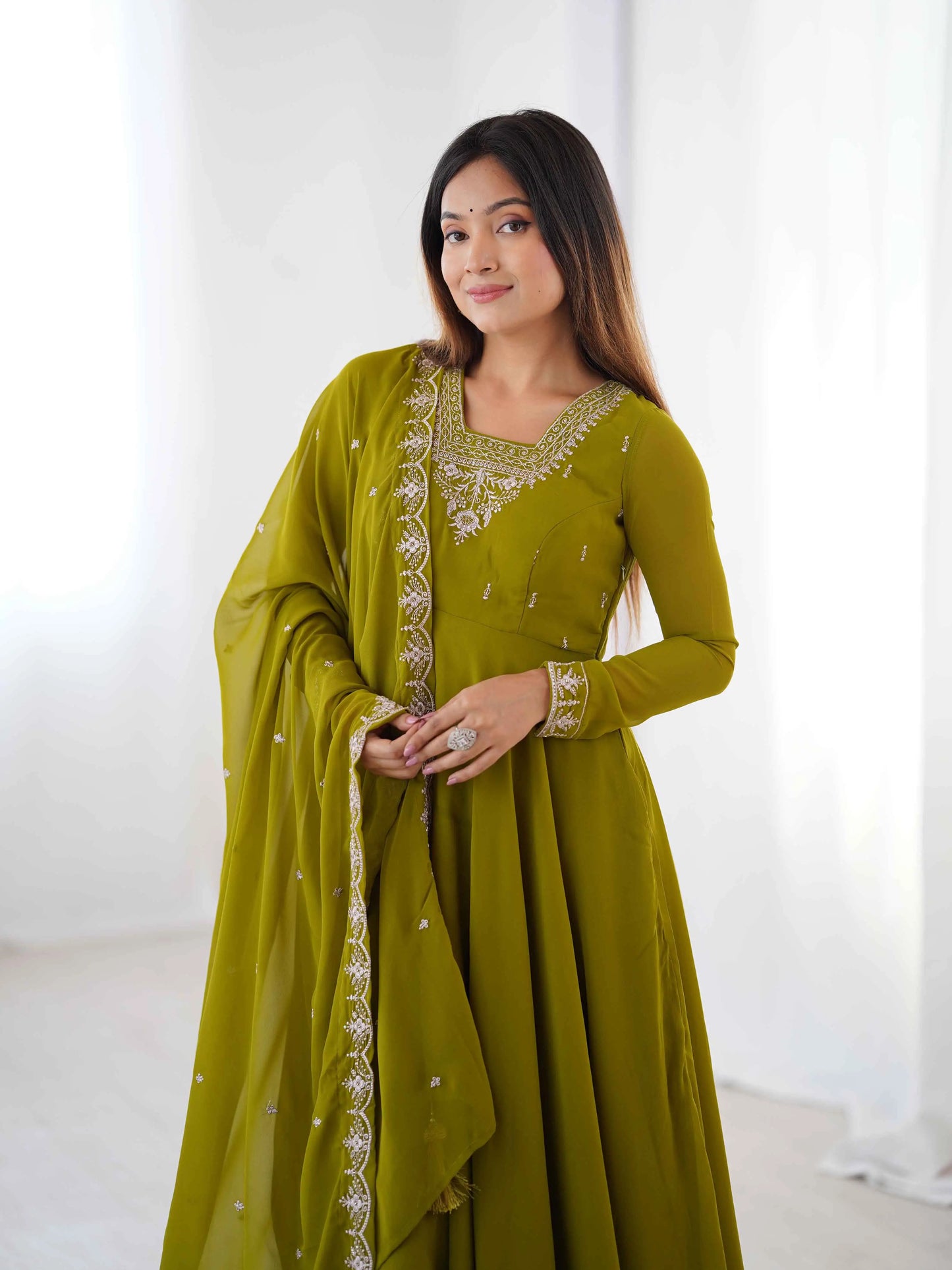 Mehndi Green Designer Embroidery Beads And Zari Work Gown With Dupatta