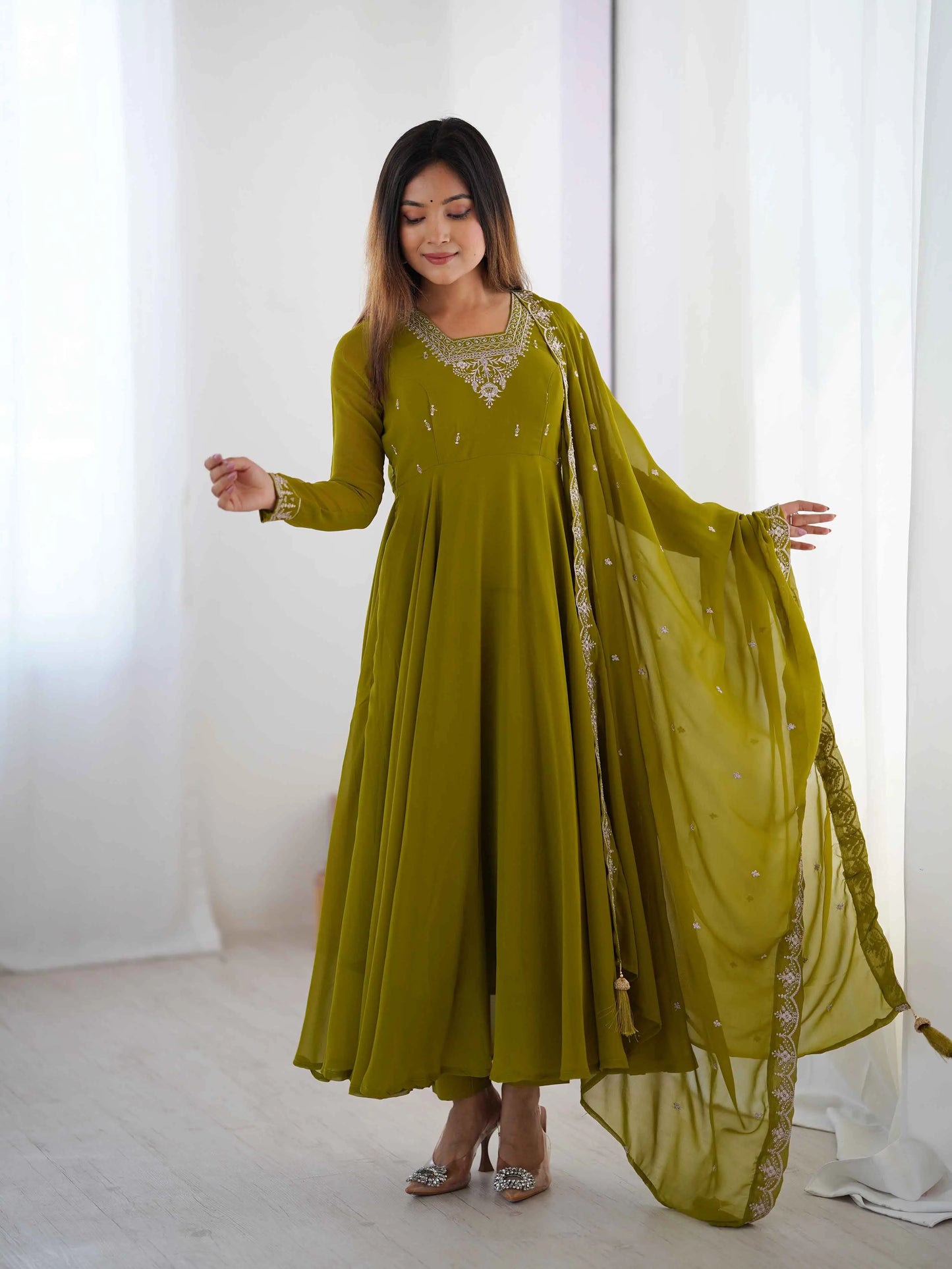 Mehndi Green Designer Embroidery Beads And Zari Work Gown With Dupatta