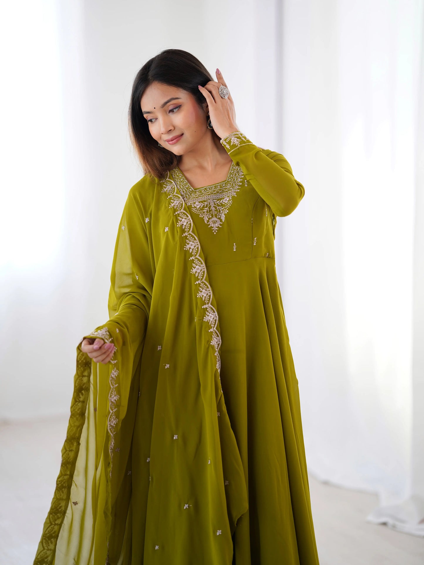 Mehndi Green Designer Embroidery Beads And Zari Work Gown With Dupatta