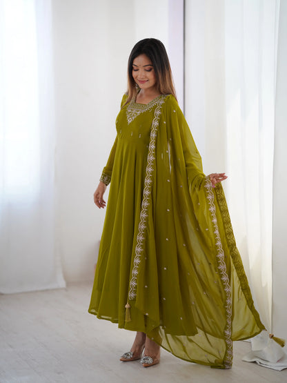 Mehndi Green Designer Embroidery Beads And Zari Work Gown With Dupatta