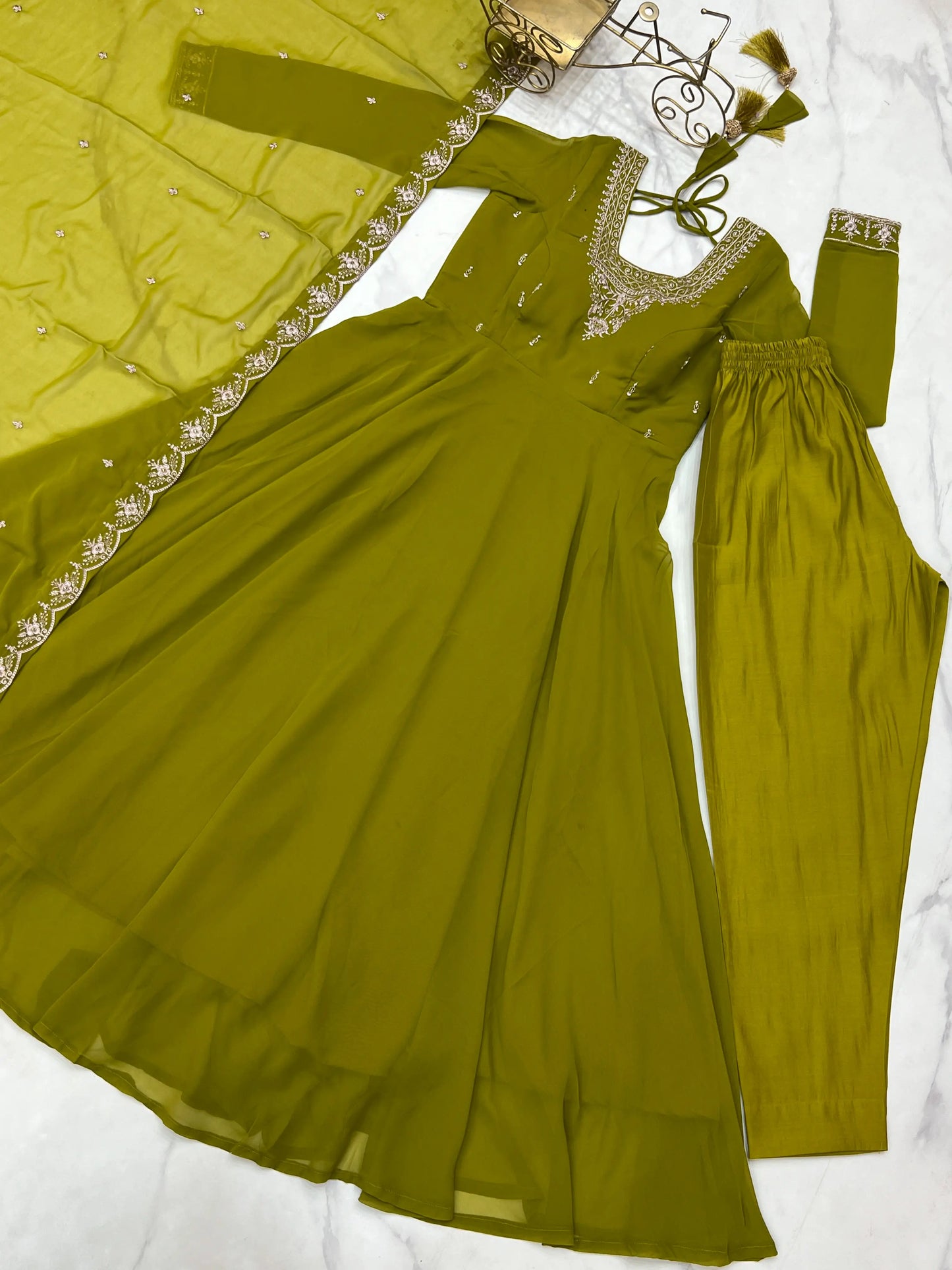 Mehndi Green Designer Embroidery Beads And Zari Work Gown With Dupatta