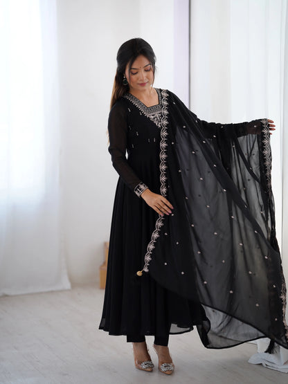 Beautiful Black Designer Embroidery Beads And Zari Work Gown With Dupatta