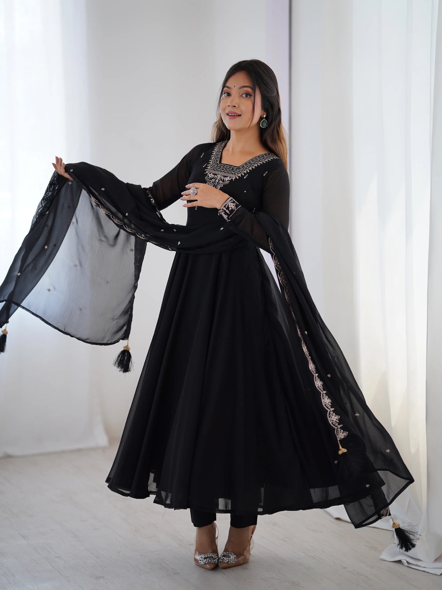 Beautiful Black Designer Embroidery Beads And Zari Work Gown With Dupatta
