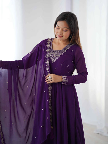 Purple Designer Embroidery Beads And Zari Work Gown With Dupatta