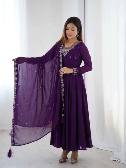 Purple Designer Embroidery Beads And Zari Work Gown With Dupatta