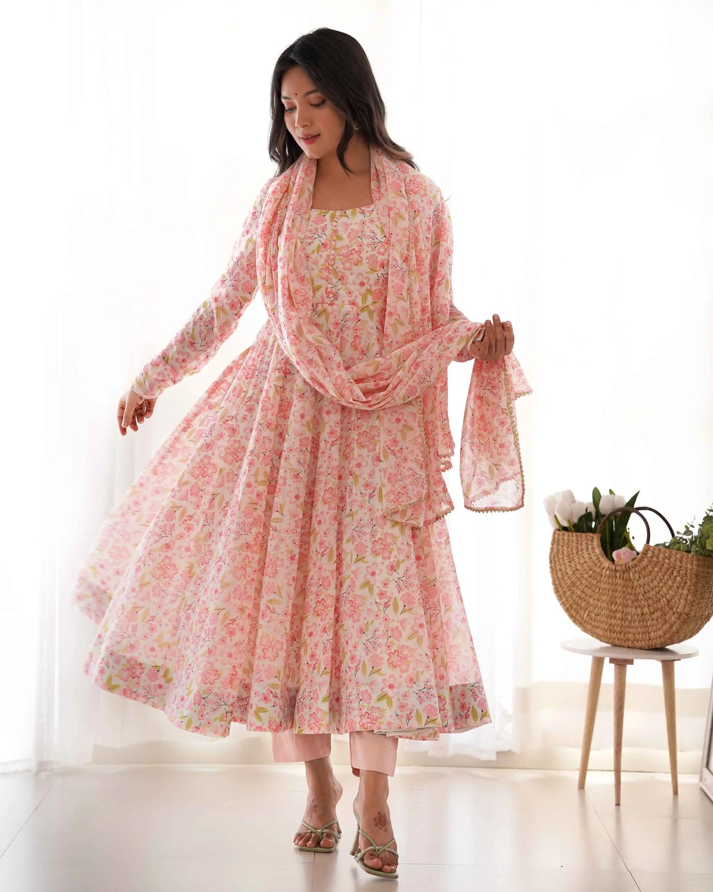 Peach Chiffon Anarkali Gown With Floral Print With Dupatta