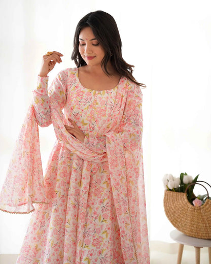Peach Chiffon Anarkali Gown With Floral Print With Dupatta