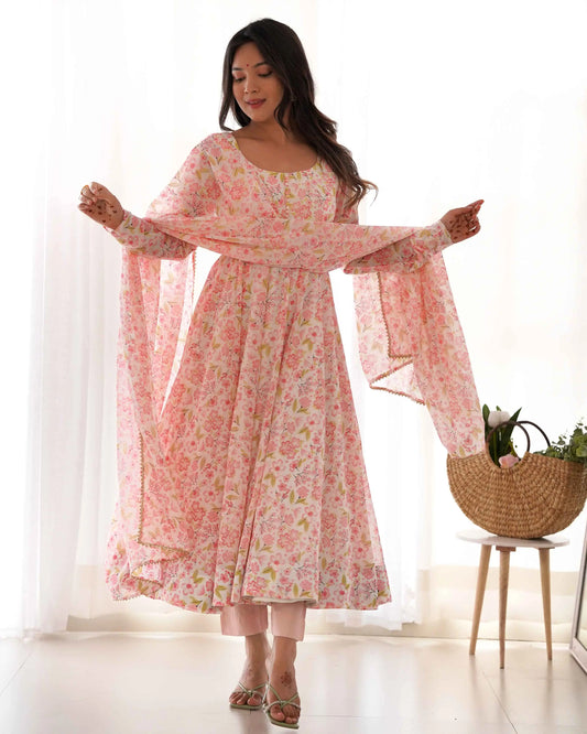 Peach Chiffon Anarkali Gown With Floral Print With Dupatta