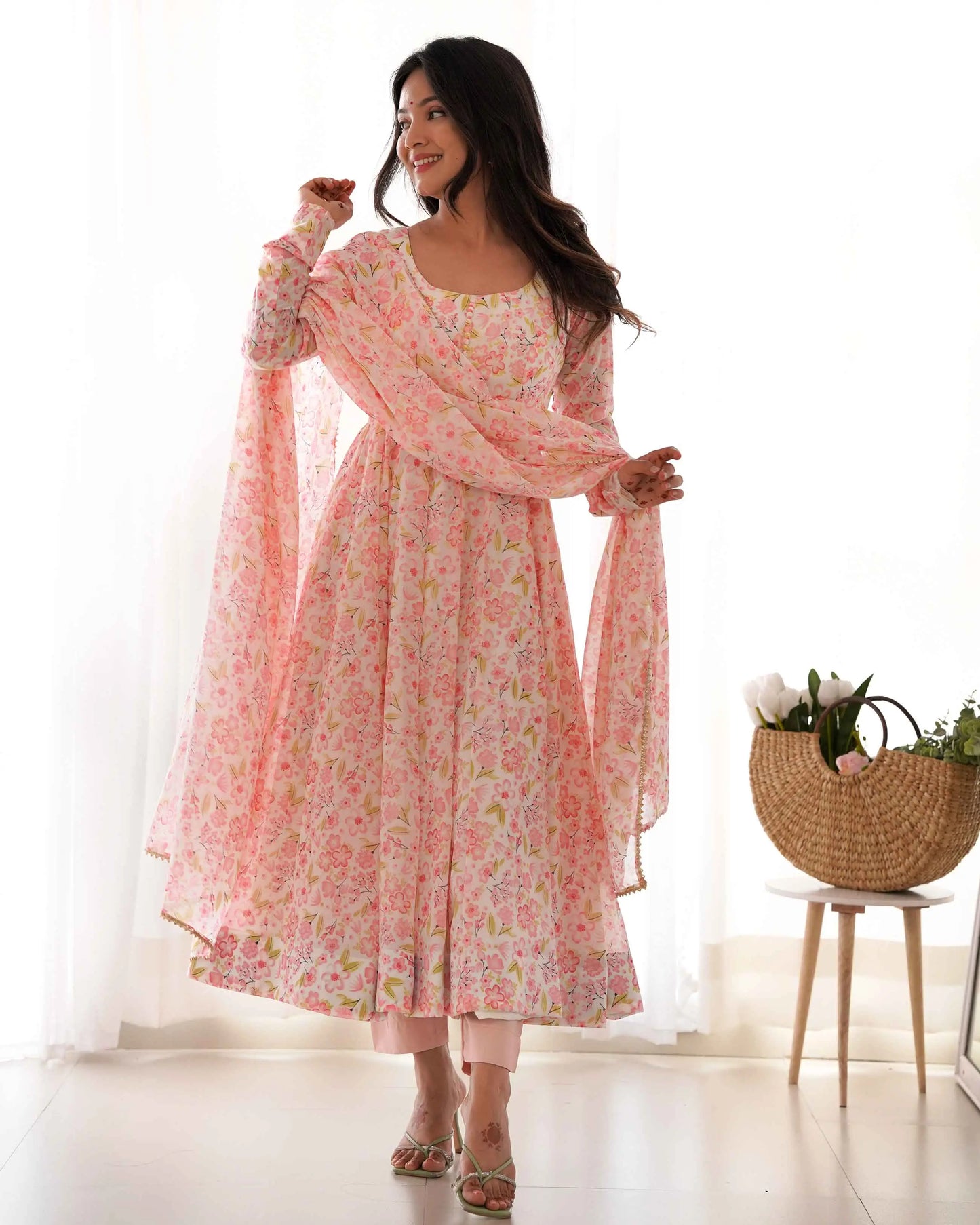 Peach Chiffon Anarkali Gown With Floral Print With Dupatta