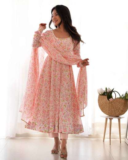 Peach Chiffon Anarkali Gown With Floral Print With Dupatta