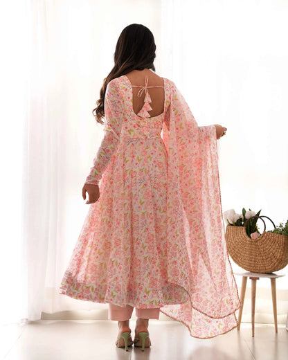 Peach Chiffon Anarkali Gown With Floral Print With Dupatta