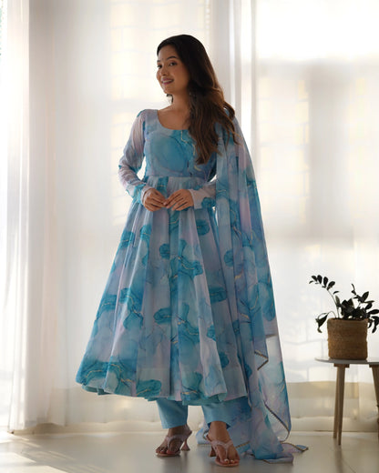 Sky Blue Organza Silk With Marble Print Anarkali Gown And Dupatta