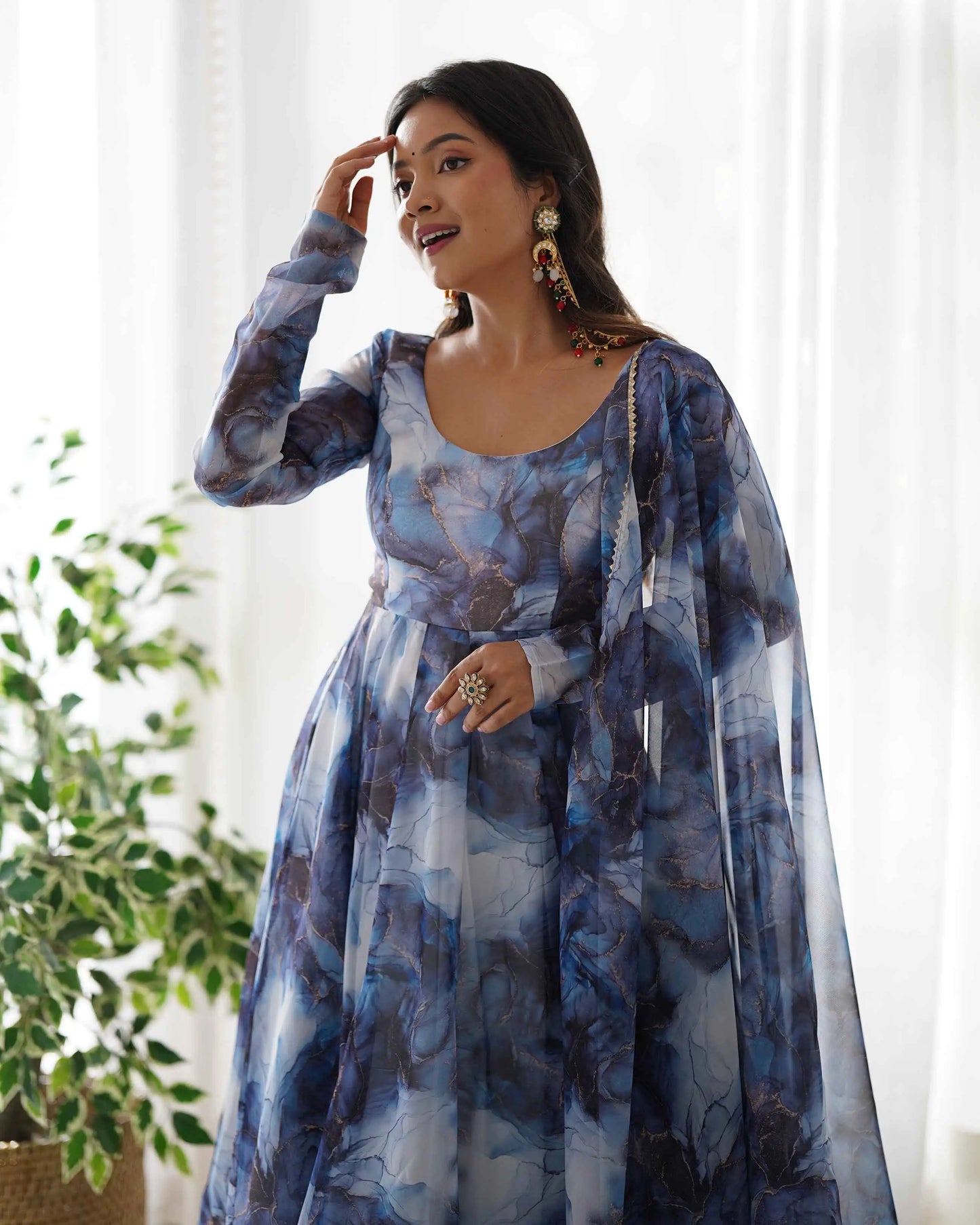 Navy Blue Organza Silk With Marble Print Anarkali Gown And Dupatta