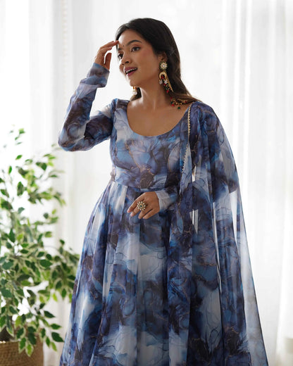 Navy Blue Organza Silk With Marble Print Anarkali Gown And Dupatta