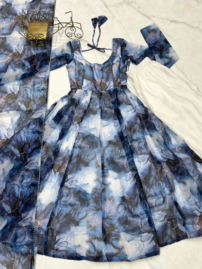 Navy Blue Organza Silk With Marble Print Anarkali Gown And Dupatta