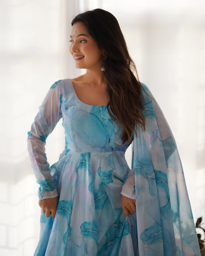 Sky Blue Organza Silk With Marble Print Anarkali Gown And Dupatta