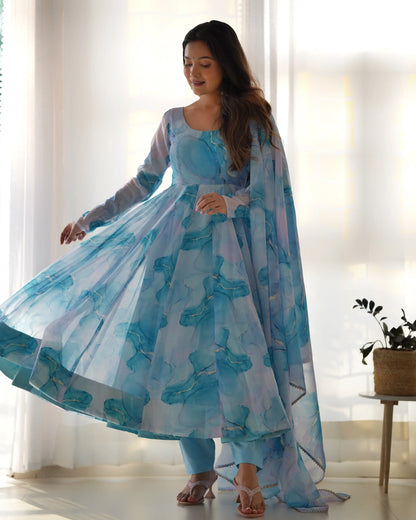 Sky Blue Organza Silk With Marble Print Anarkali Gown And Dupatta
