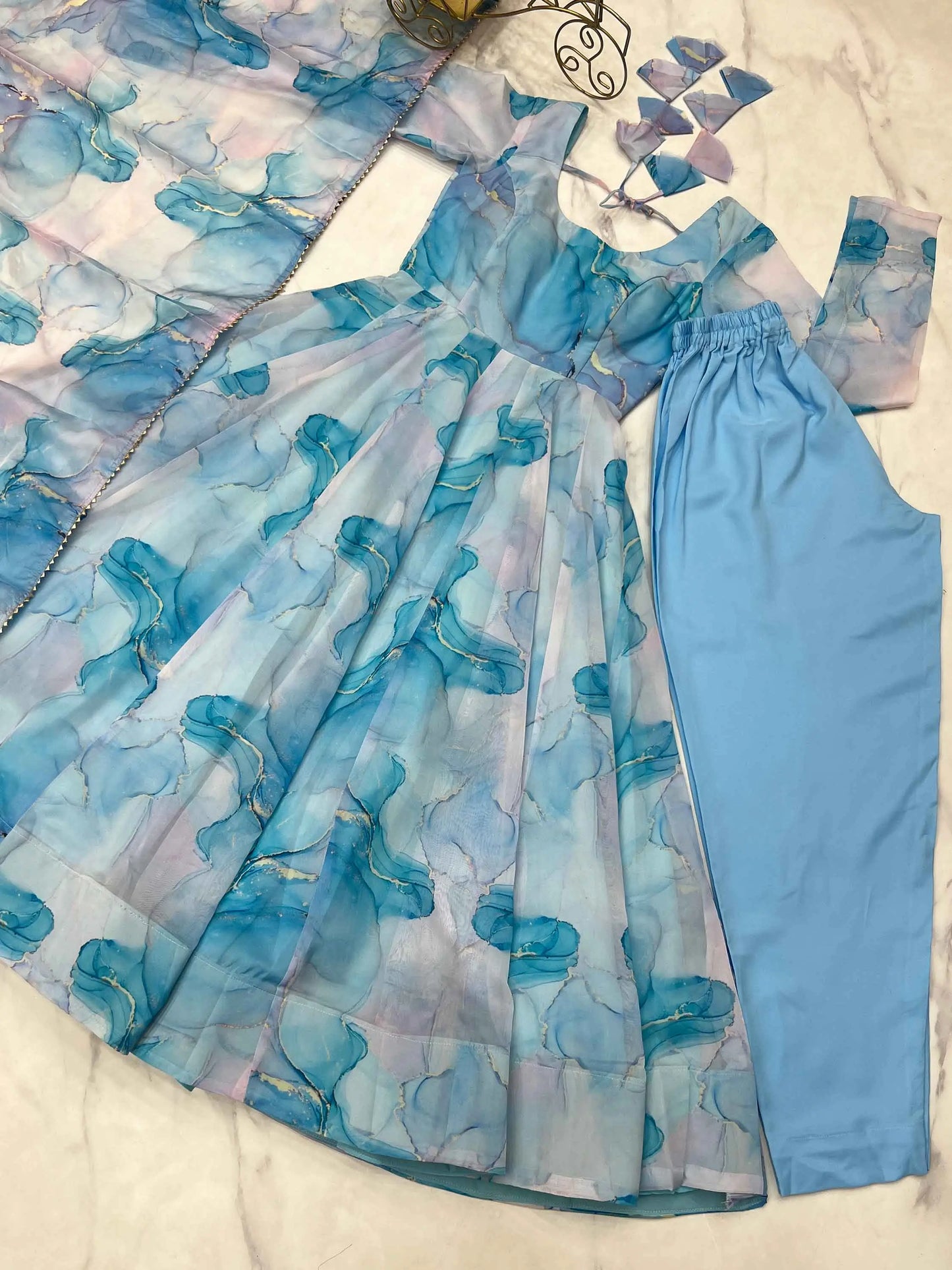 Sky Blue Organza Silk With Marble Print Anarkali Gown And Dupatta