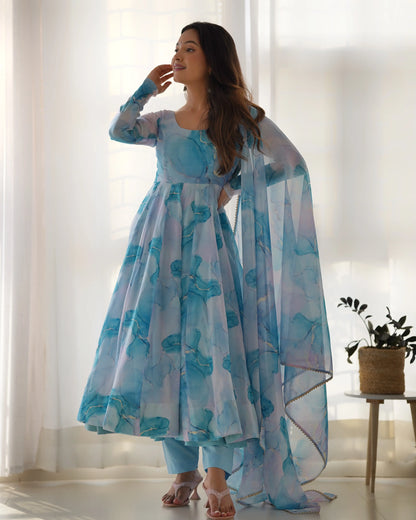 Sky Blue Organza Silk With Marble Print Anarkali Gown And Dupatta