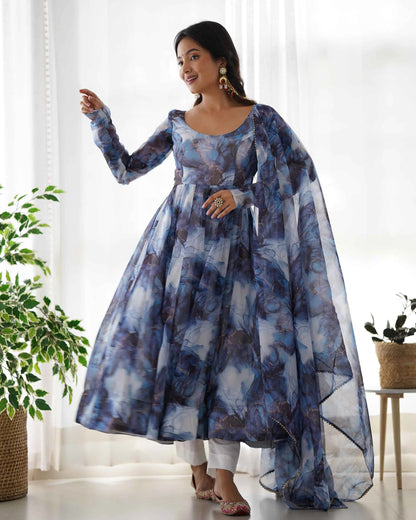 Navy Blue Organza Silk With Marble Print Anarkali Gown And Dupatta