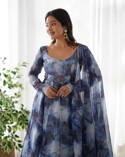 Navy Blue Organza Silk With Marble Print Anarkali Gown And Dupatta