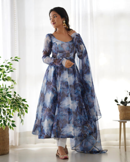 Navy Blue Organza Silk With Marble Print Anarkali Gown And Dupatta