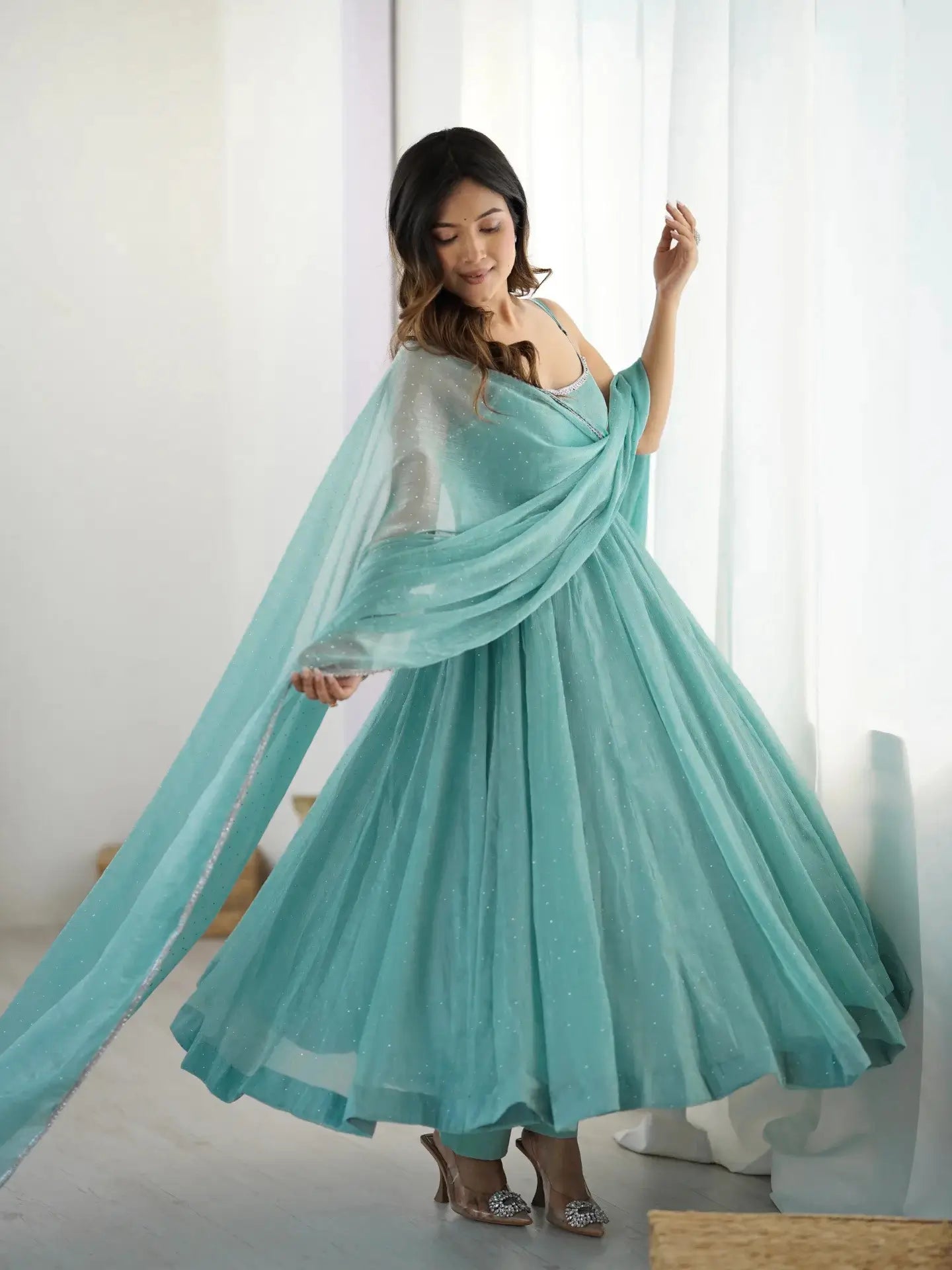Sky Blue Crunchy Silk With Siroski Work Anarkali Gown And Dupatta