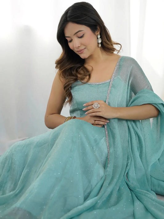 Sky Blue Crunchy Silk With Siroski Work Anarkali Gown And Dupatta
