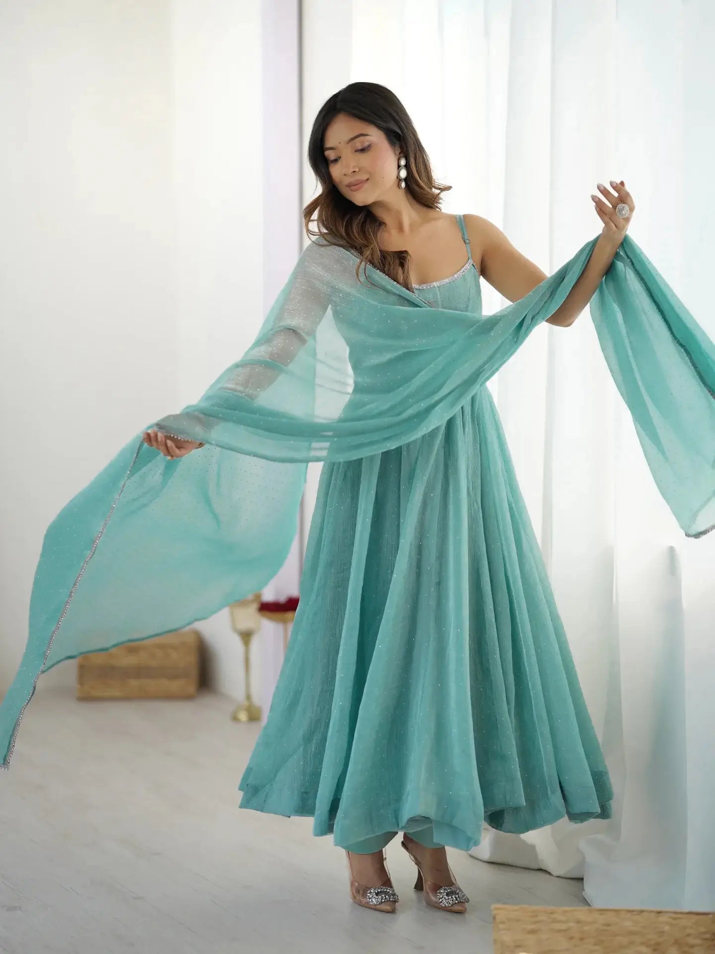 Sky Blue Crunchy Silk With Siroski Work Anarkali Gown And Dupatta