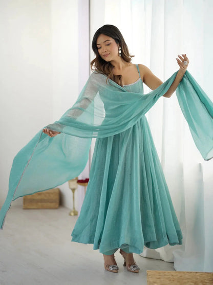 Sky Blue Crunchy Silk With Siroski Work Anarkali Gown And Dupatta